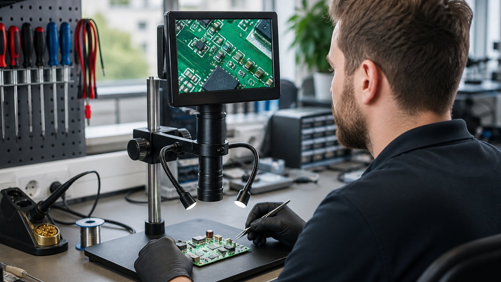 Technician viewing a bench soldering microscope screen upright