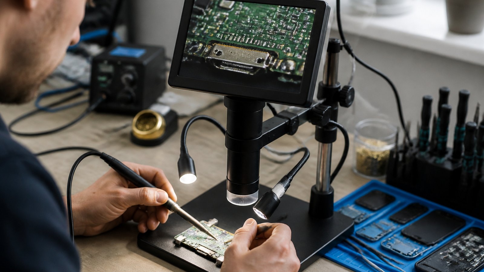 Phone board under a seven-inch HDMI soldering microscope