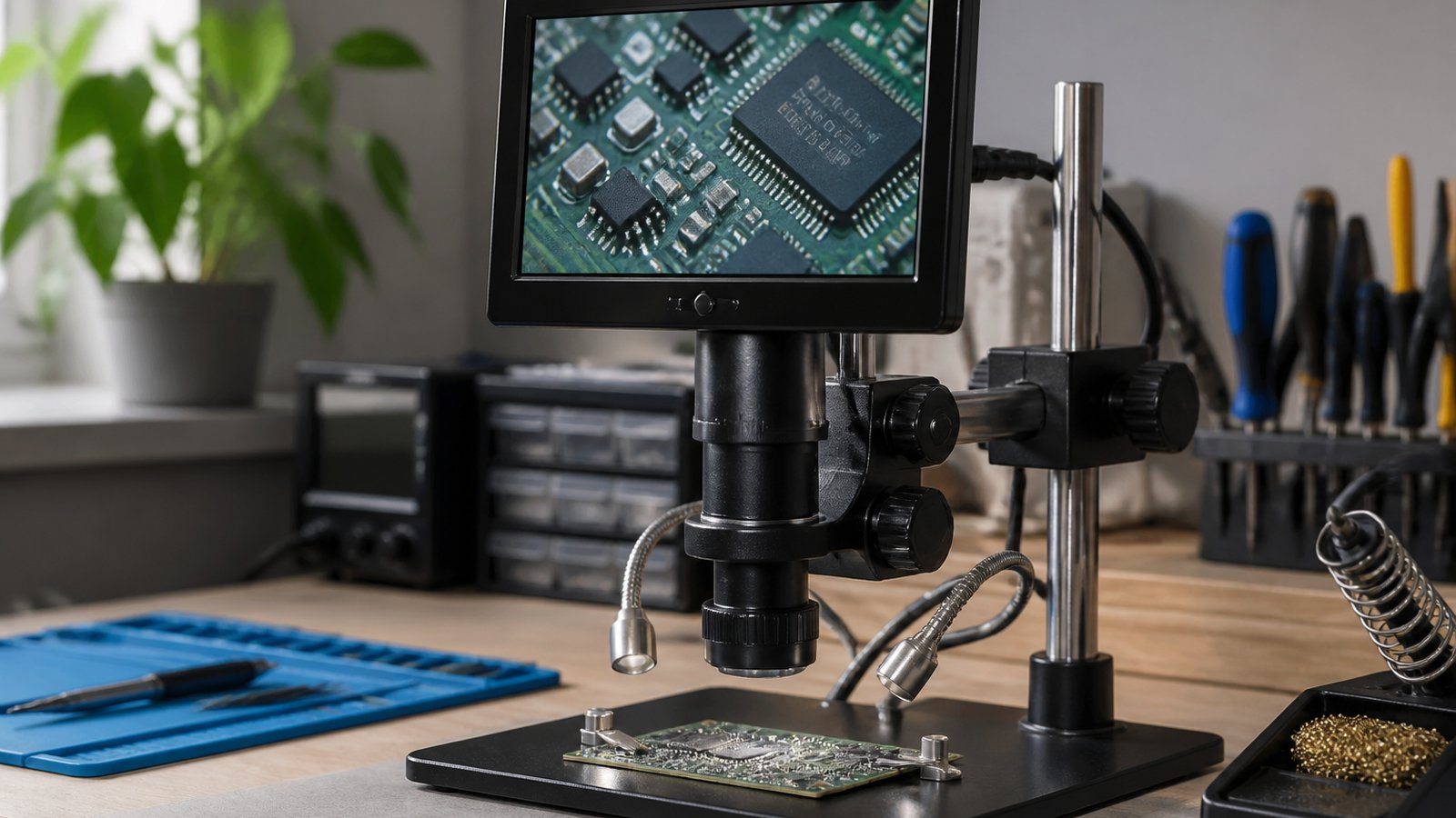 Seven-inch HDMI soldering microscope on a UK workbench