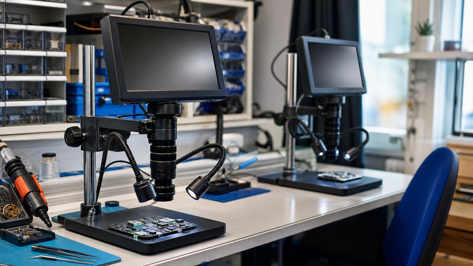 Matched pair of soldering microscopes on two benches