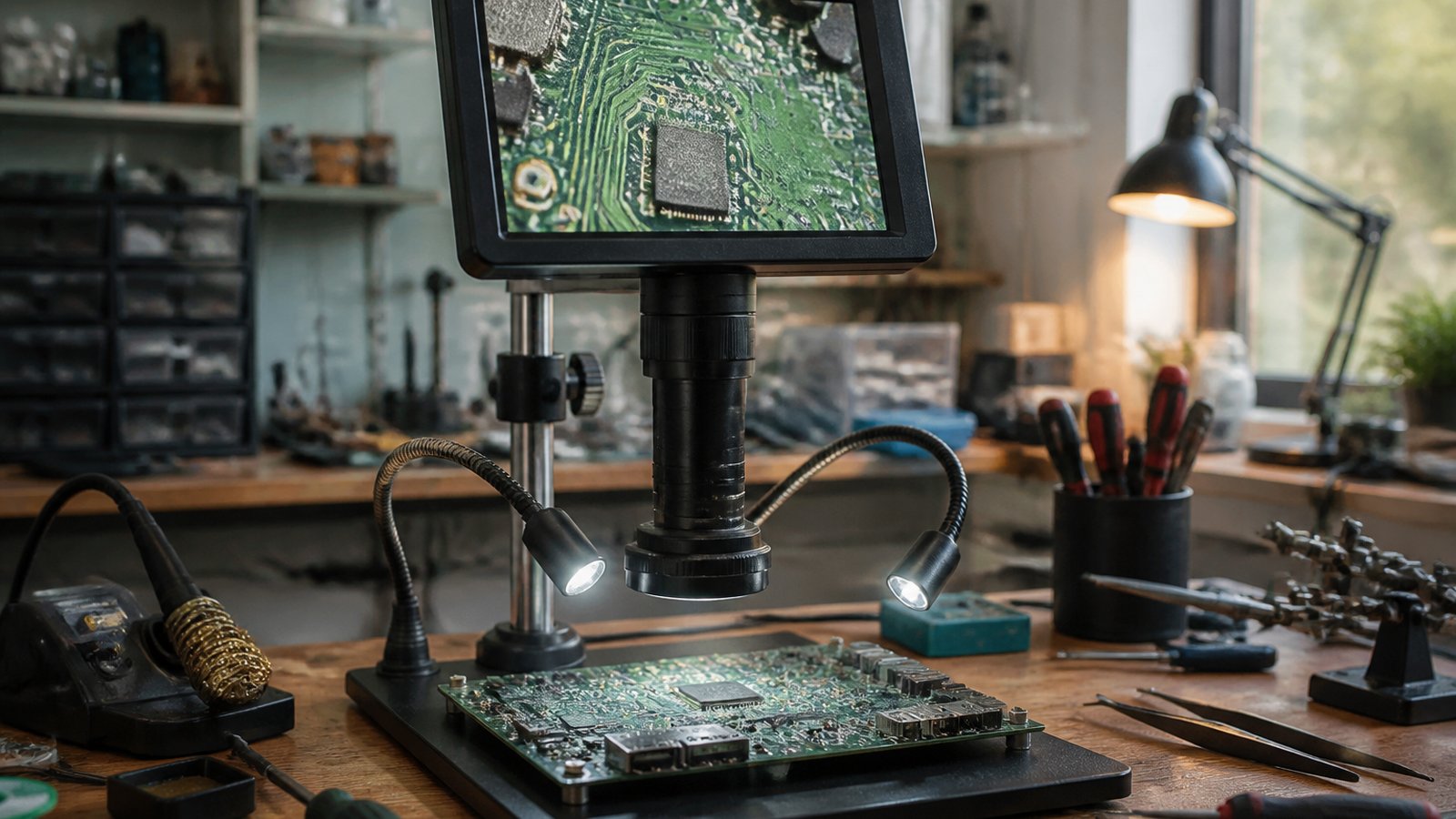 Classic electronics board under a bench digital microscope