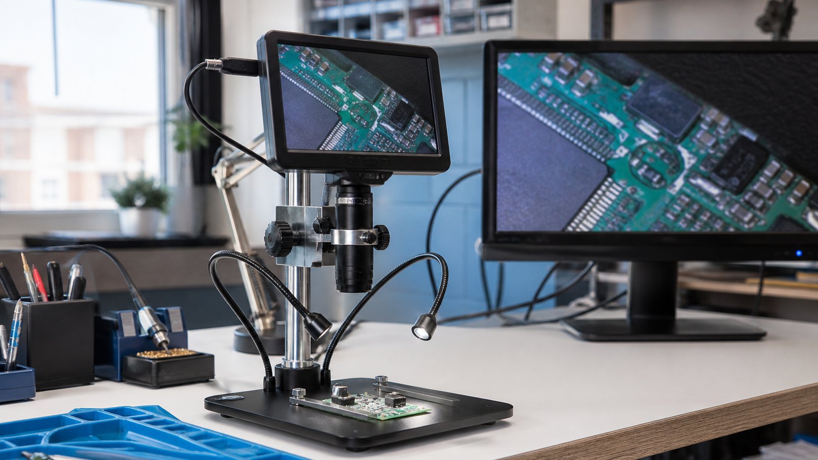 Bench microscope linked to a secondary repair monitor