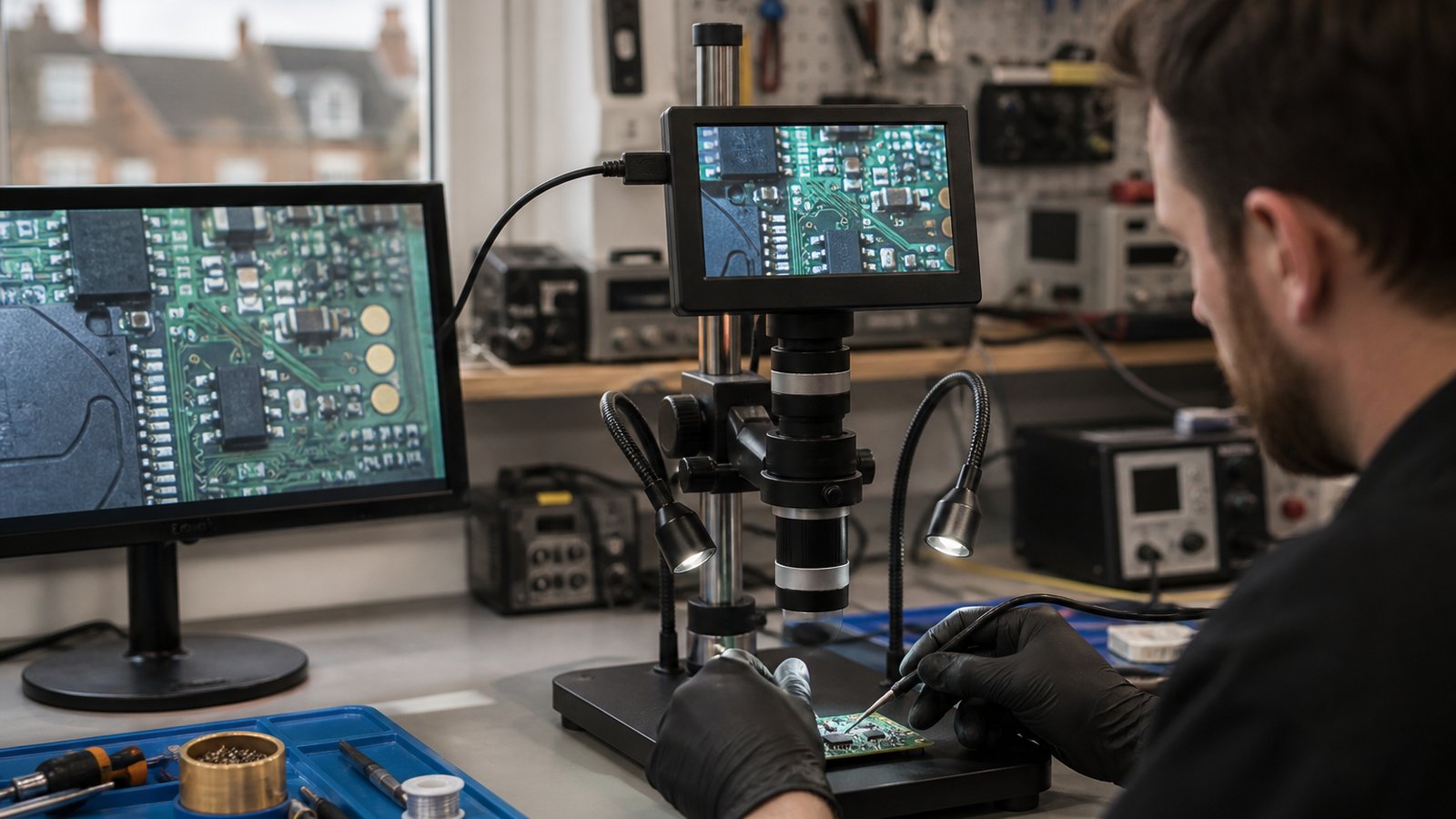 Bench microscope linked to a secondary repair monitor