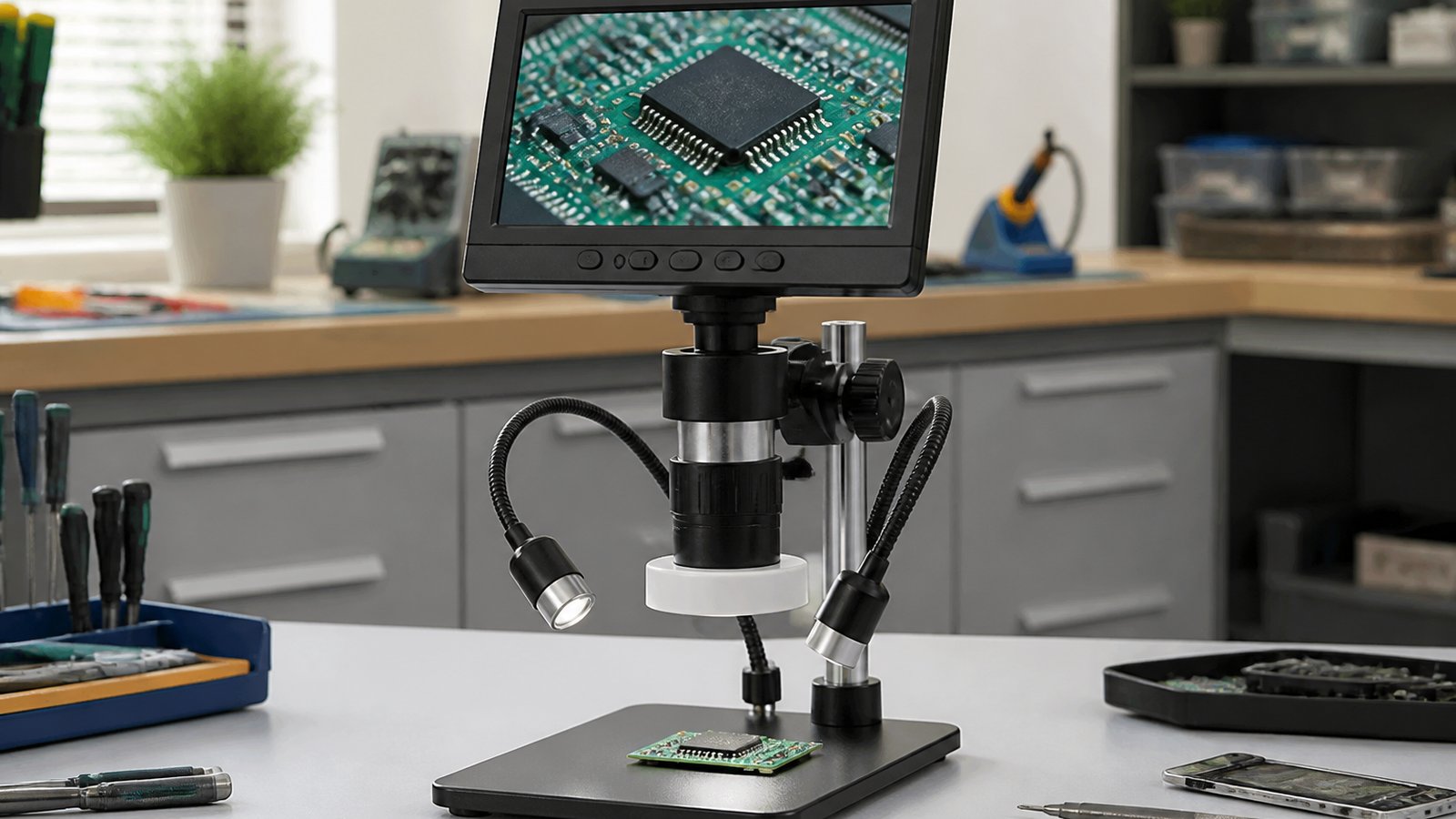 HDMI digital soldering microscope on a British repair bench
