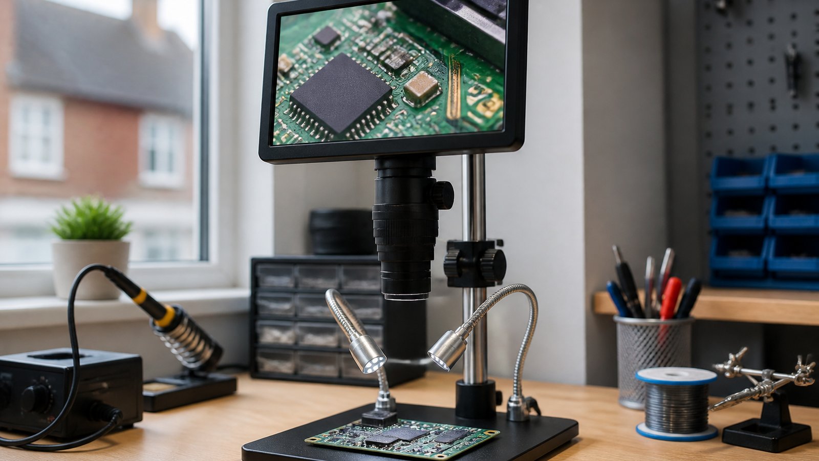 Seven-inch HDMI soldering microscope on a UK workbench