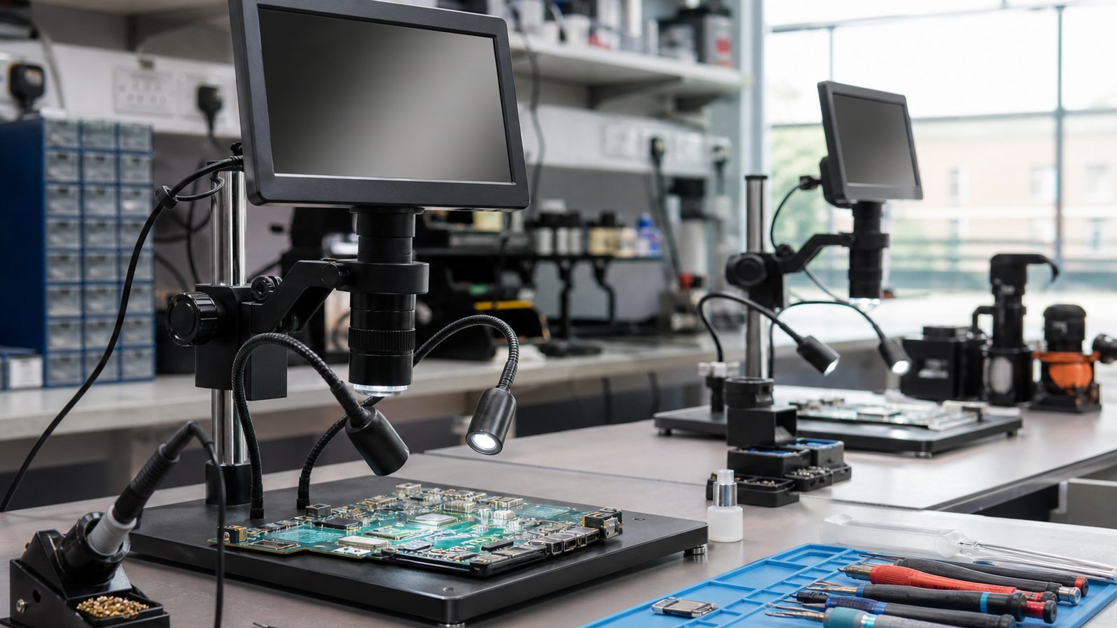 Matched pair of soldering microscopes on two benches