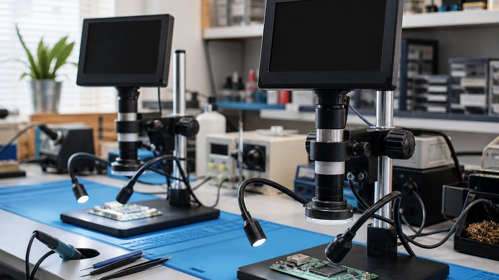 Matched pair of soldering microscopes on two benches
