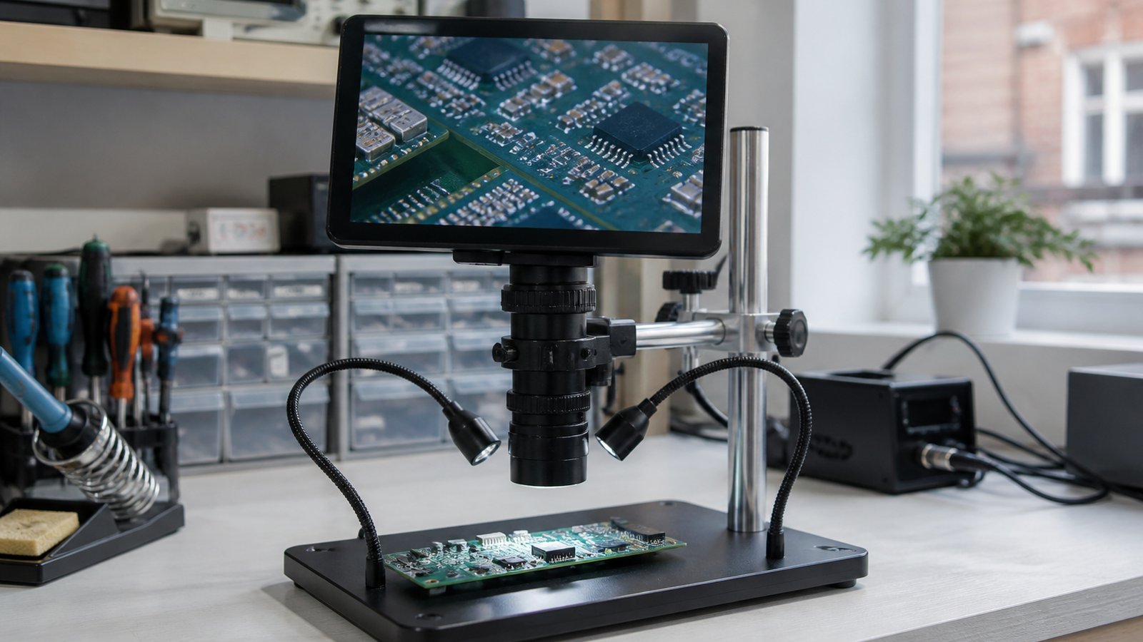 Seven-inch HDMI soldering microscope on a UK workbench