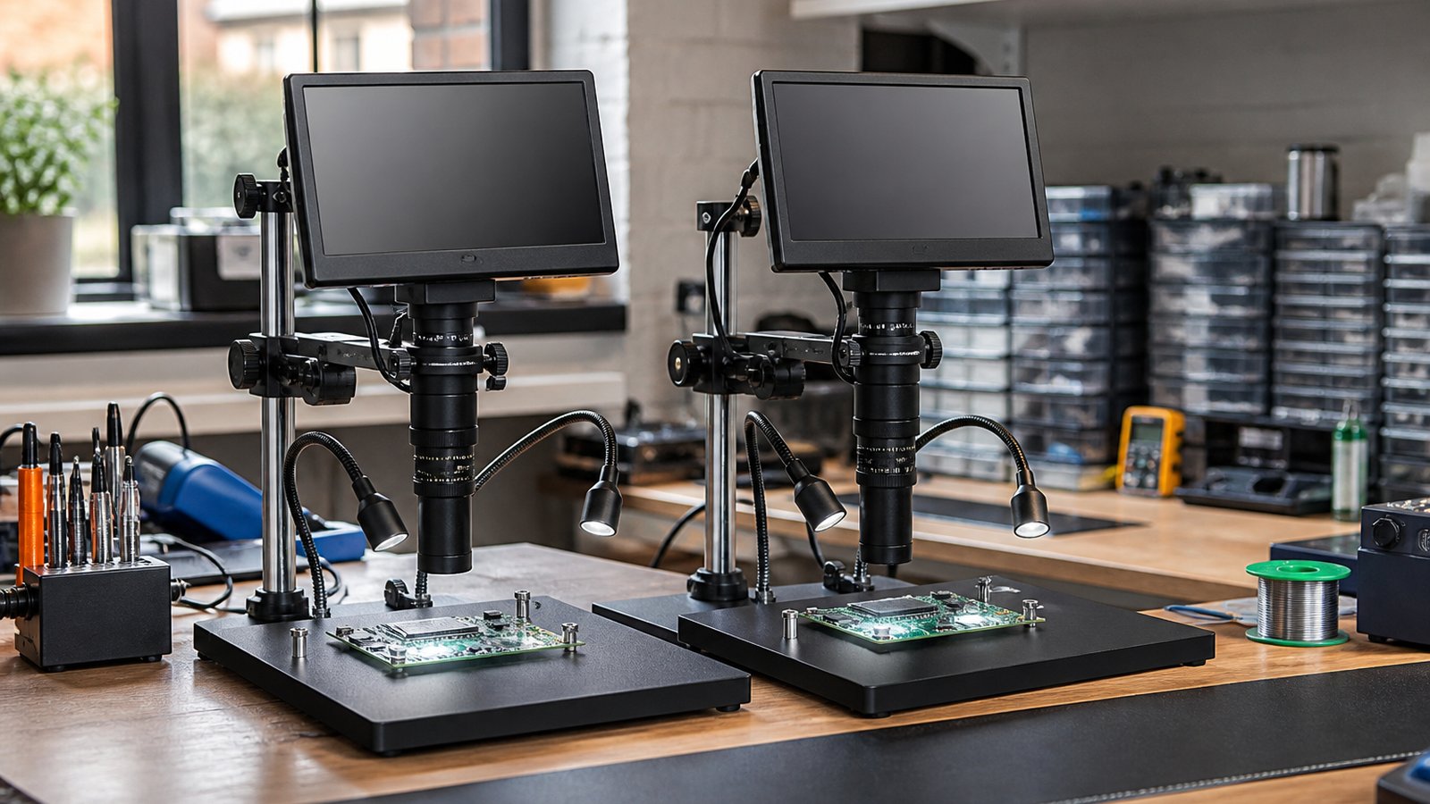 HDMI digital soldering microscope on a British repair bench