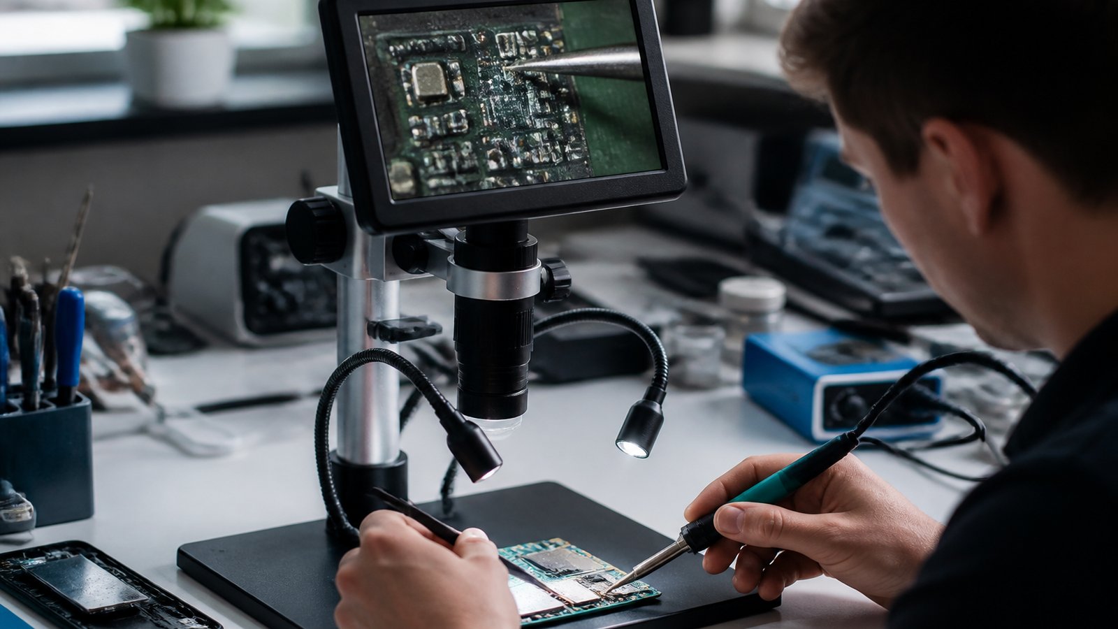 Phone board under a seven-inch HDMI soldering microscope