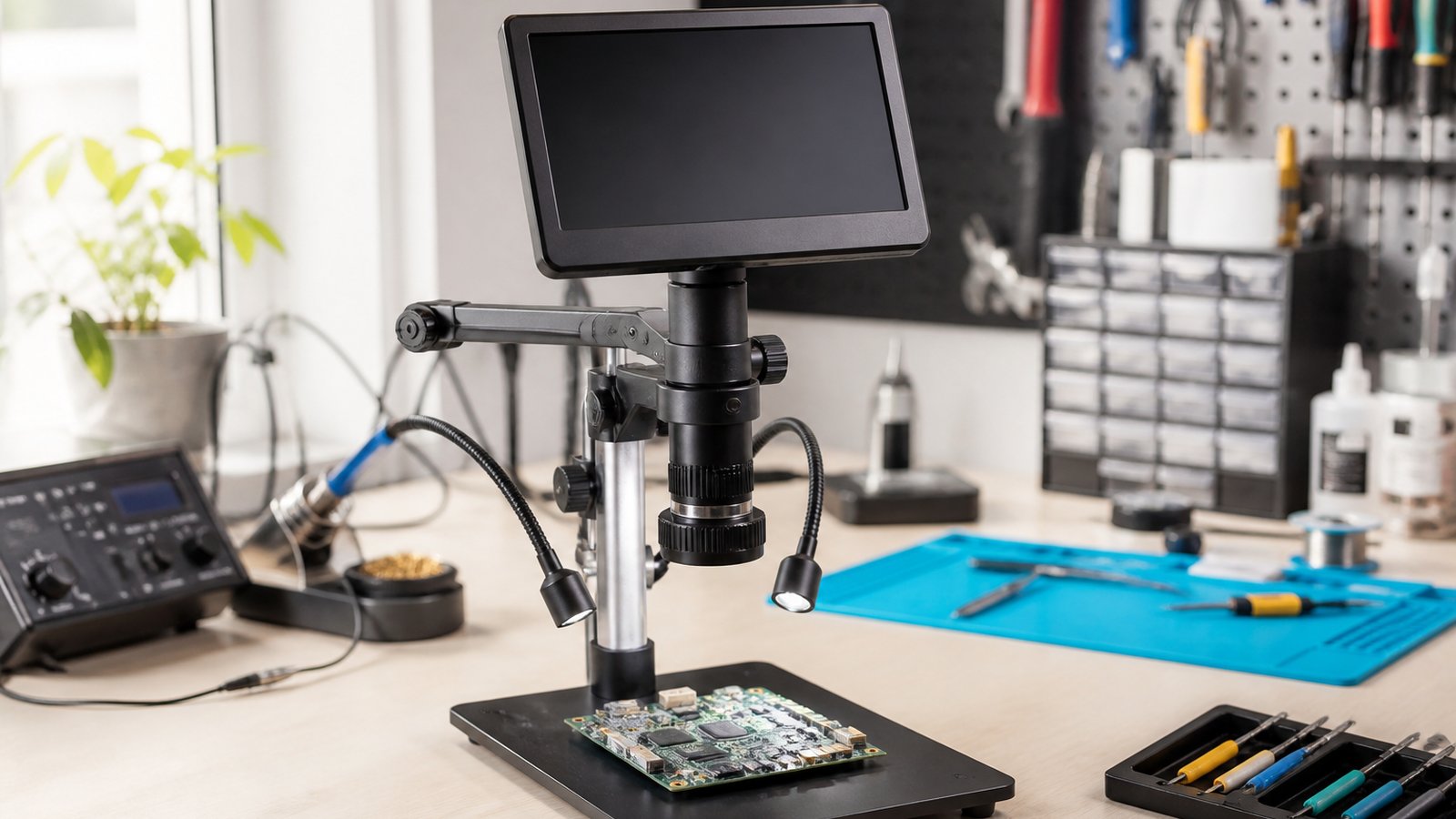 HDMI digital soldering microscope on a British repair bench