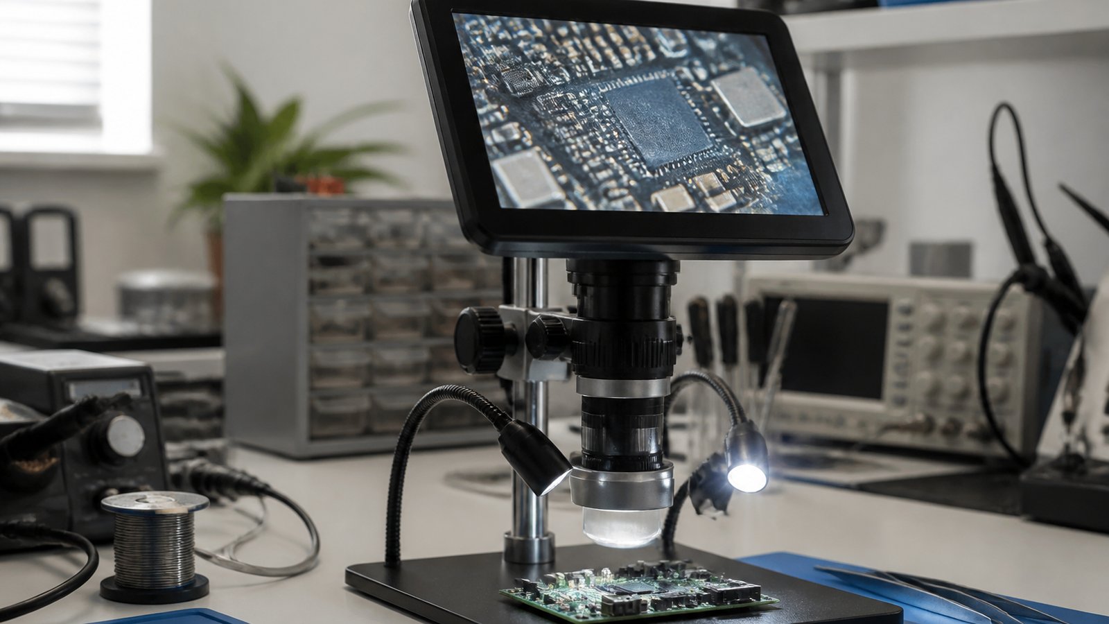 HDMI digital soldering microscope on a British repair bench