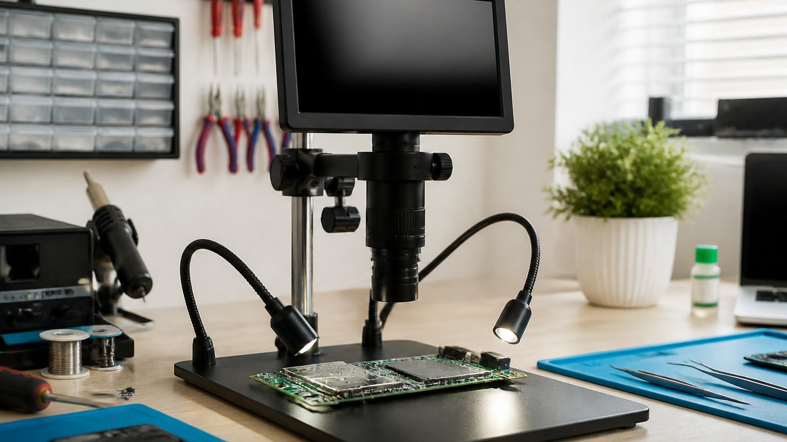 HDMI digital soldering microscope on a British repair bench