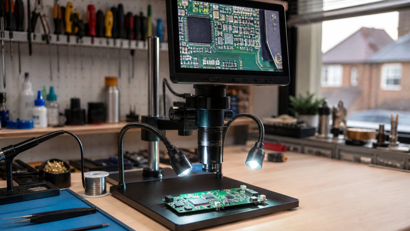 HDMI digital soldering microscope on a British repair bench