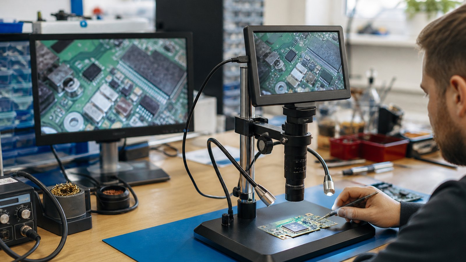 Bench microscope linked to a secondary repair monitor