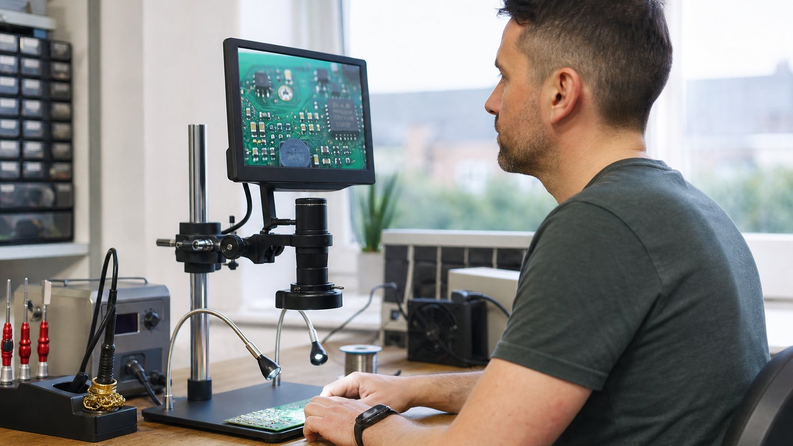 Technician viewing a bench soldering microscope screen upright