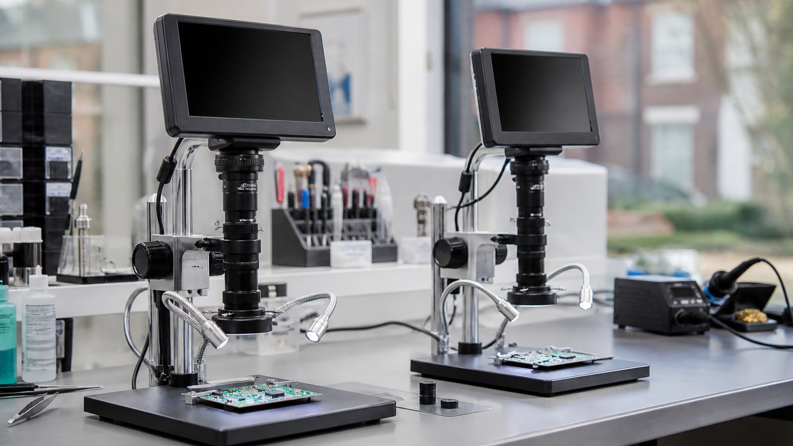 Matched pair of soldering microscopes on two benches