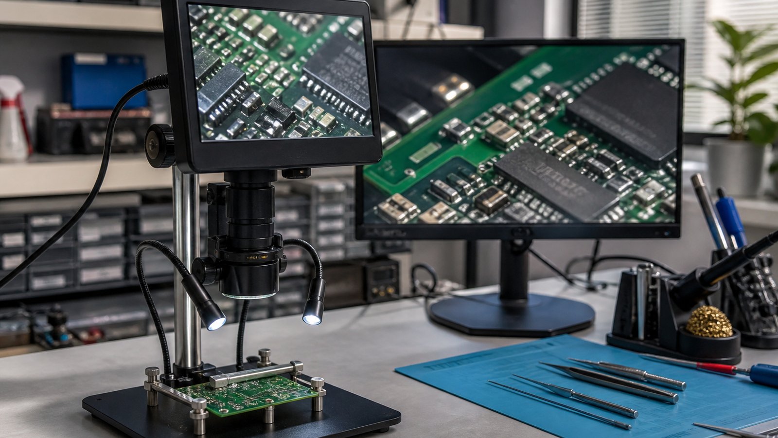 Bench microscope linked to a secondary repair monitor