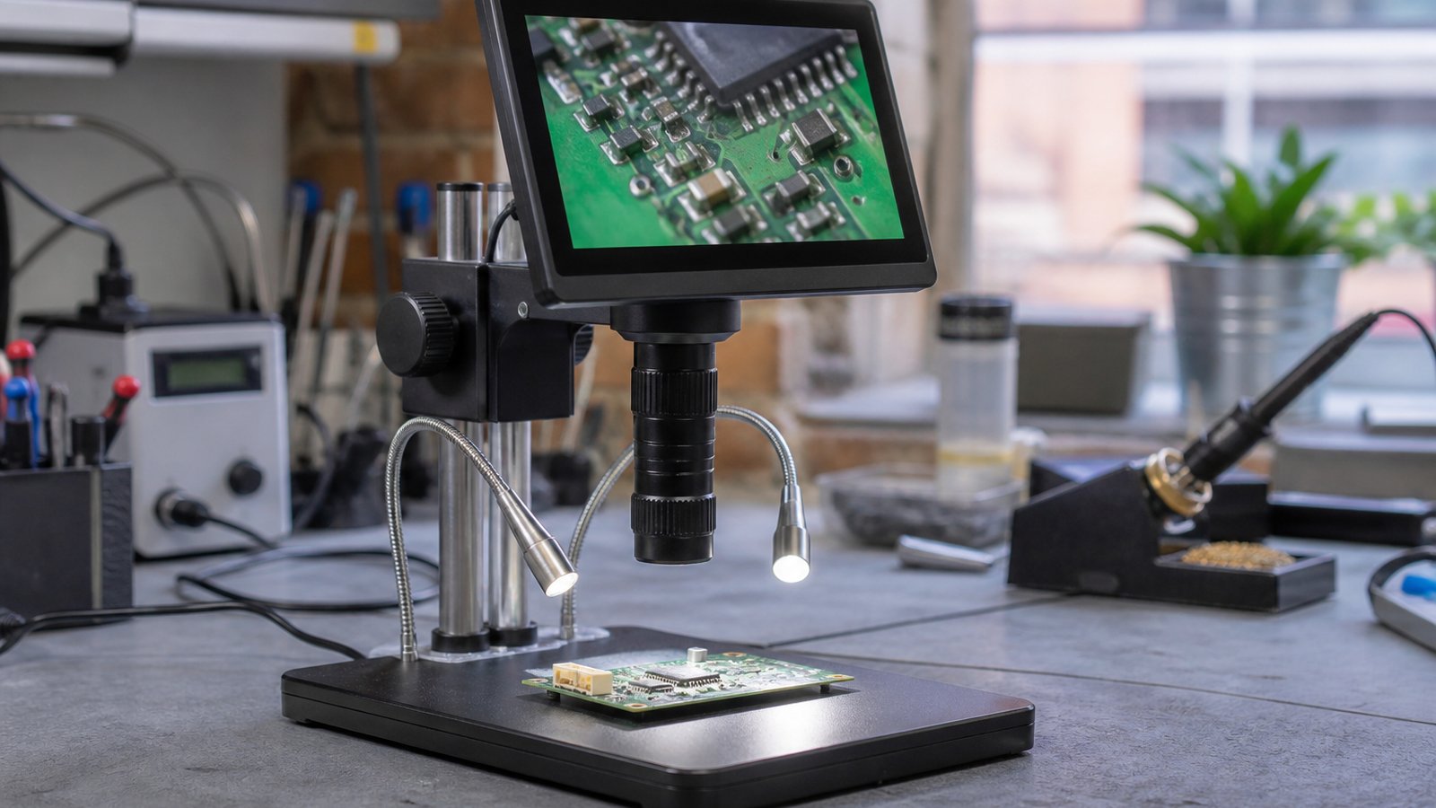 HDMI digital soldering microscope on a British repair bench