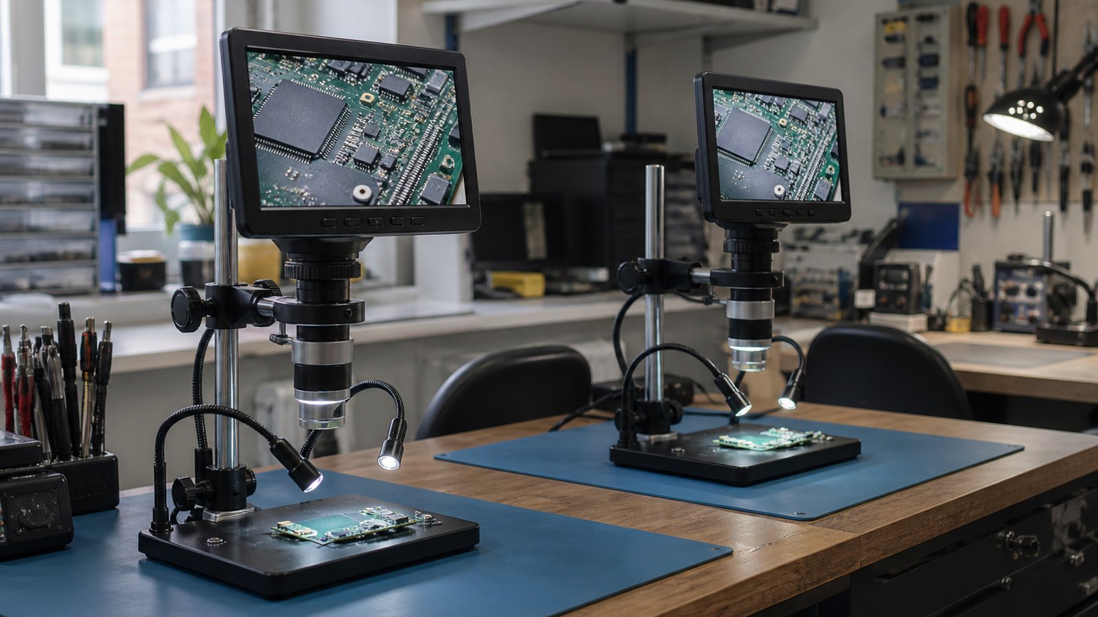Matched pair of soldering microscopes on two benches