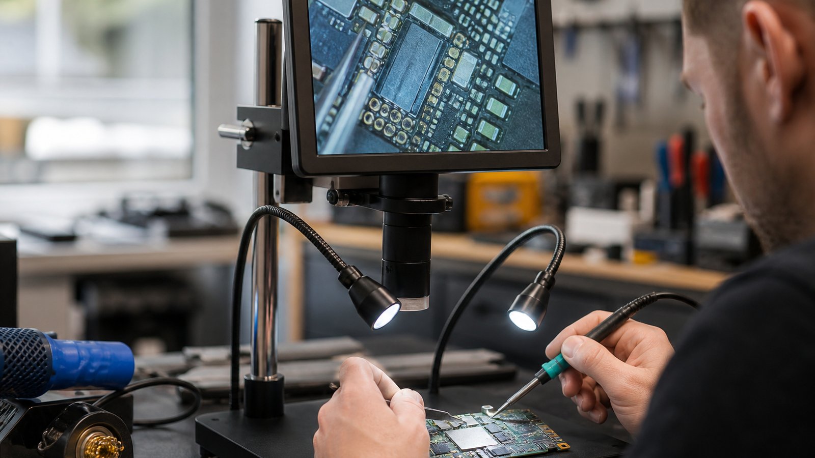 Phone board under a seven-inch HDMI soldering microscope