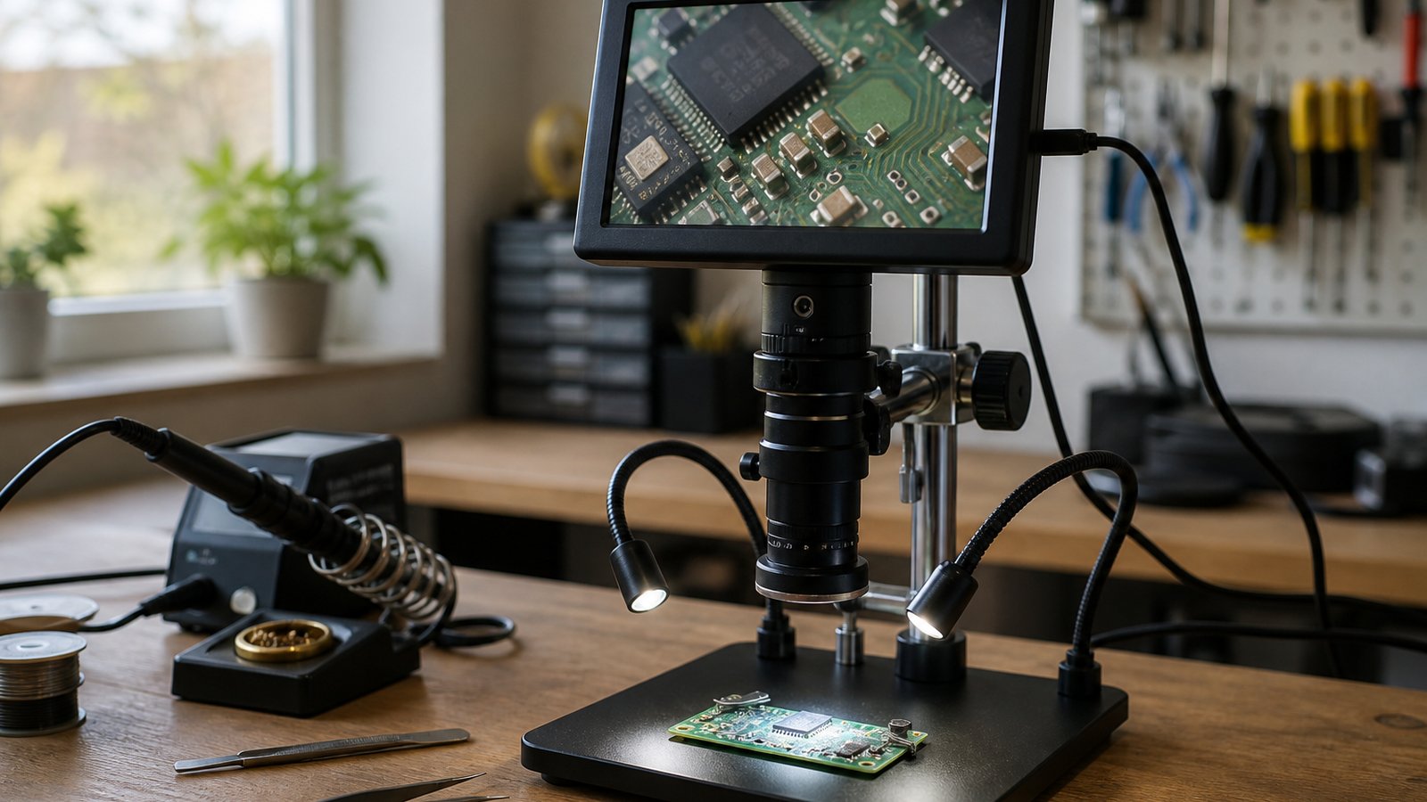 HDMI digital soldering microscope on a British repair bench