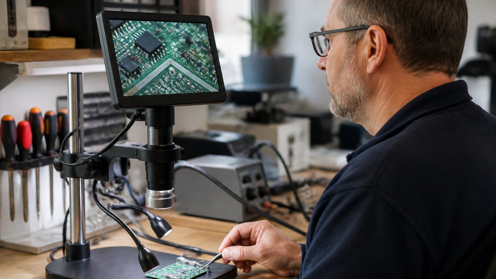 HDMI digital soldering microscope on a British repair bench