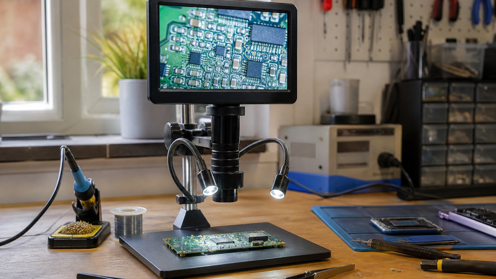 HDMI digital soldering microscope on a British repair bench