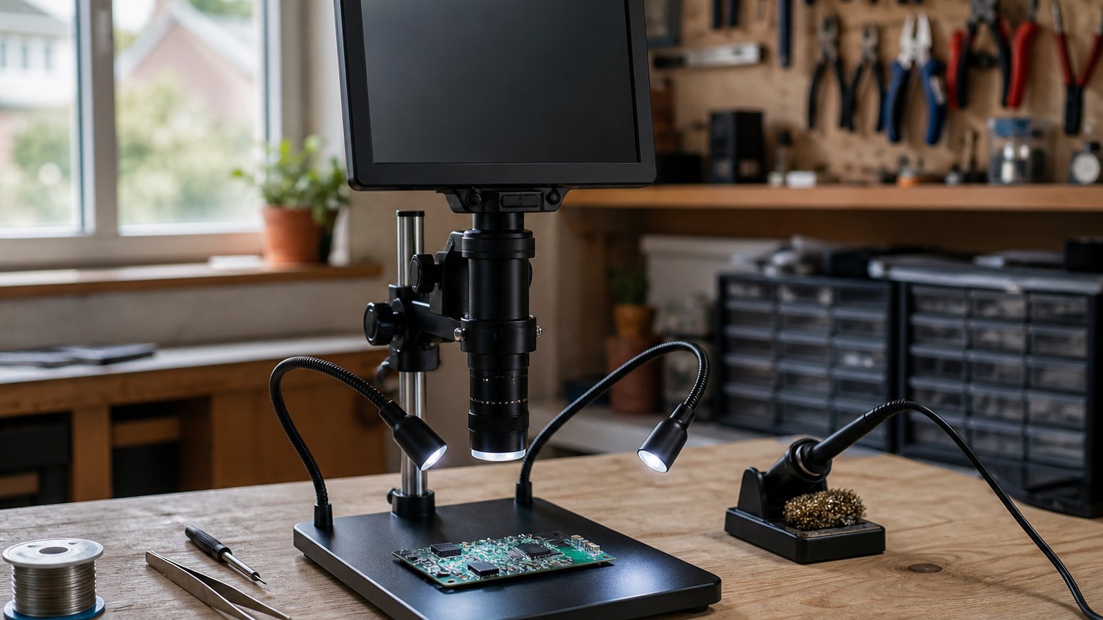 HDMI digital soldering microscope on a British repair bench