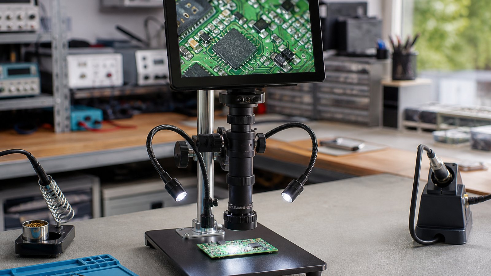 HDMI digital soldering microscope on a British repair bench