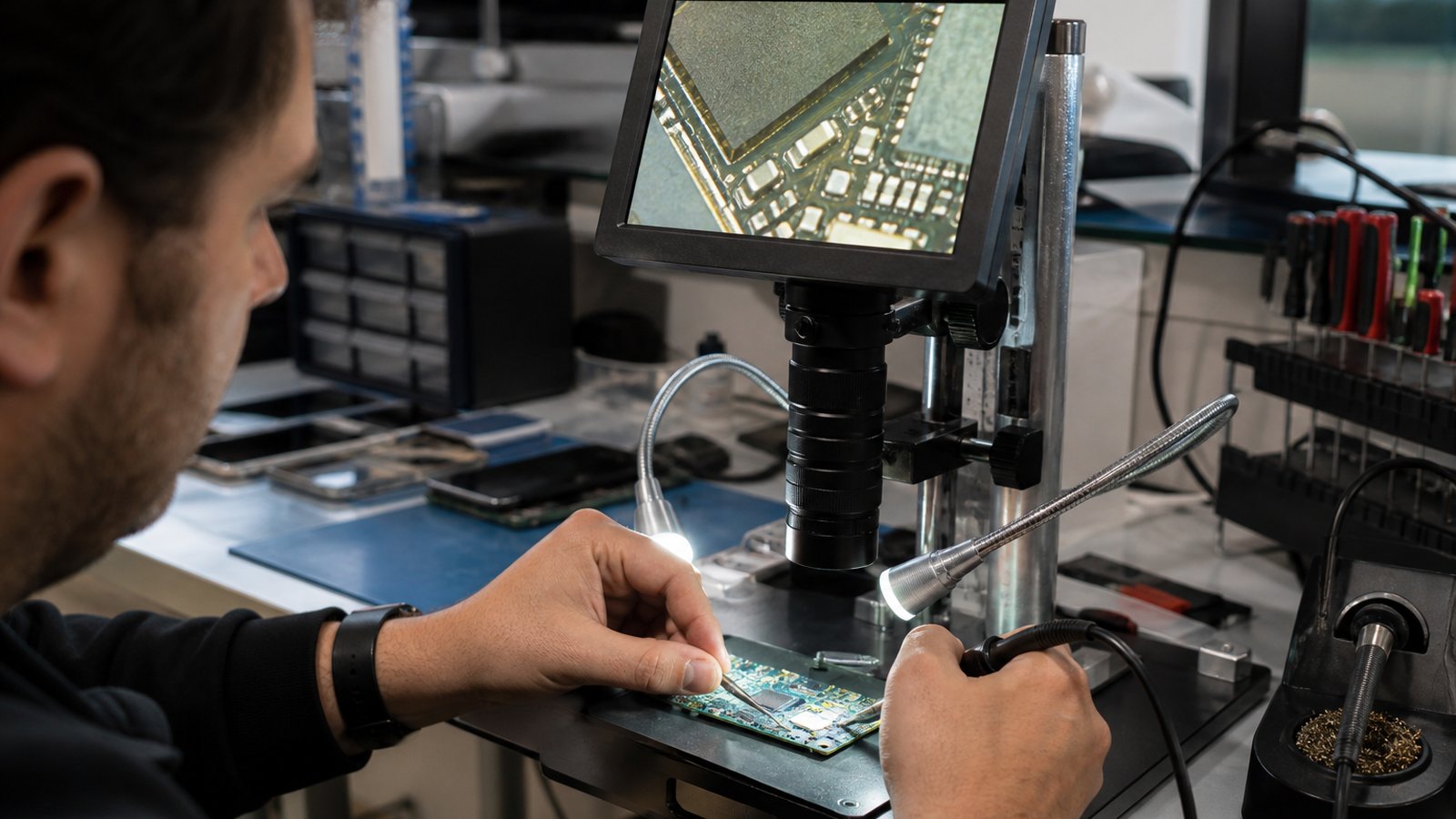Phone board under a seven-inch HDMI soldering microscope