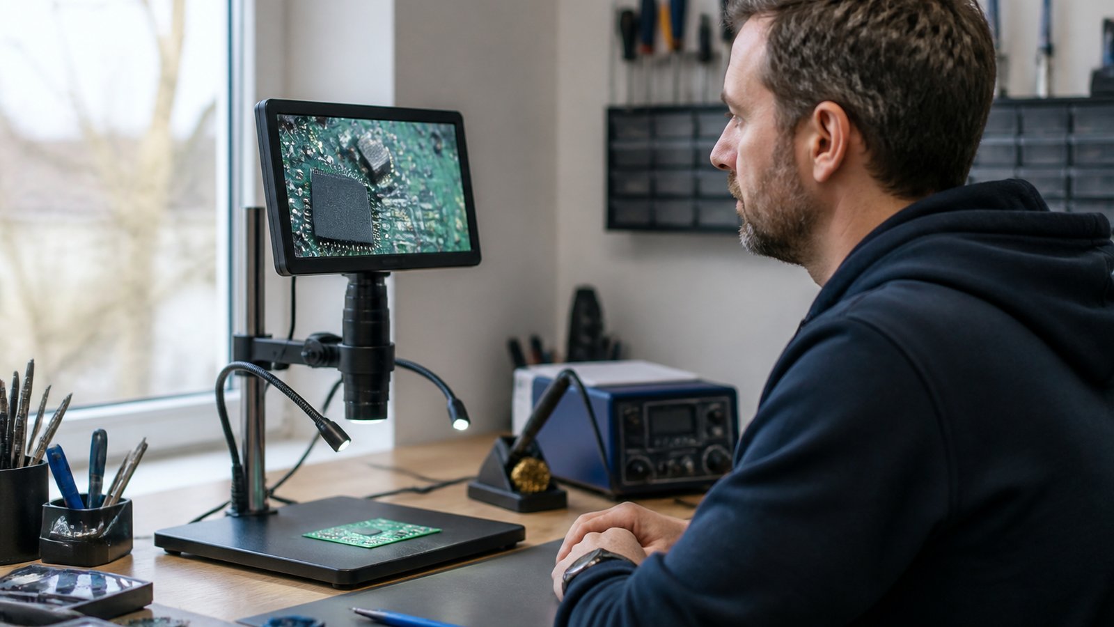 Technician viewing a bench soldering microscope screen upright