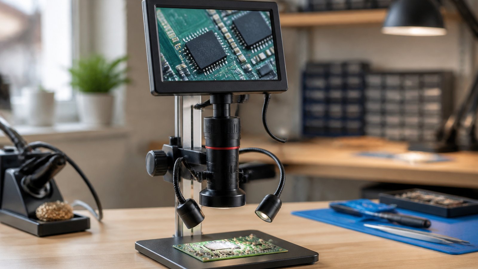 Seven-inch HDMI soldering microscope on a UK workbench
