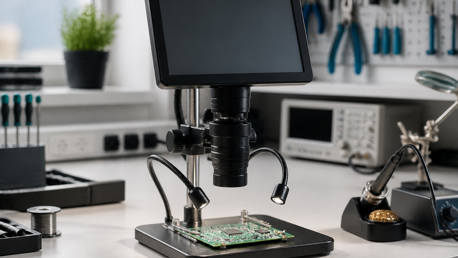 HDMI digital soldering microscope on a British repair bench