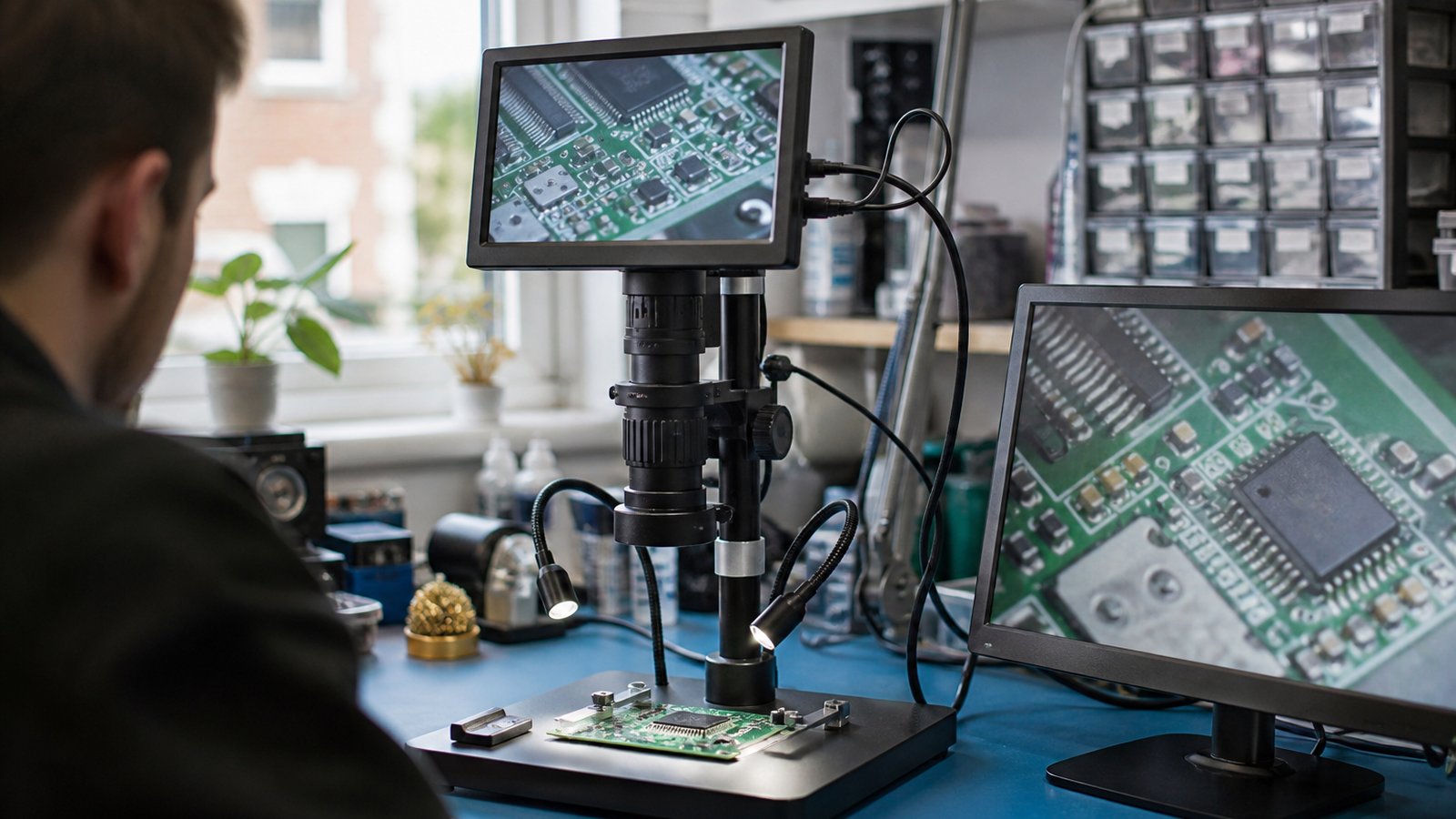 Bench microscope linked to a secondary repair monitor