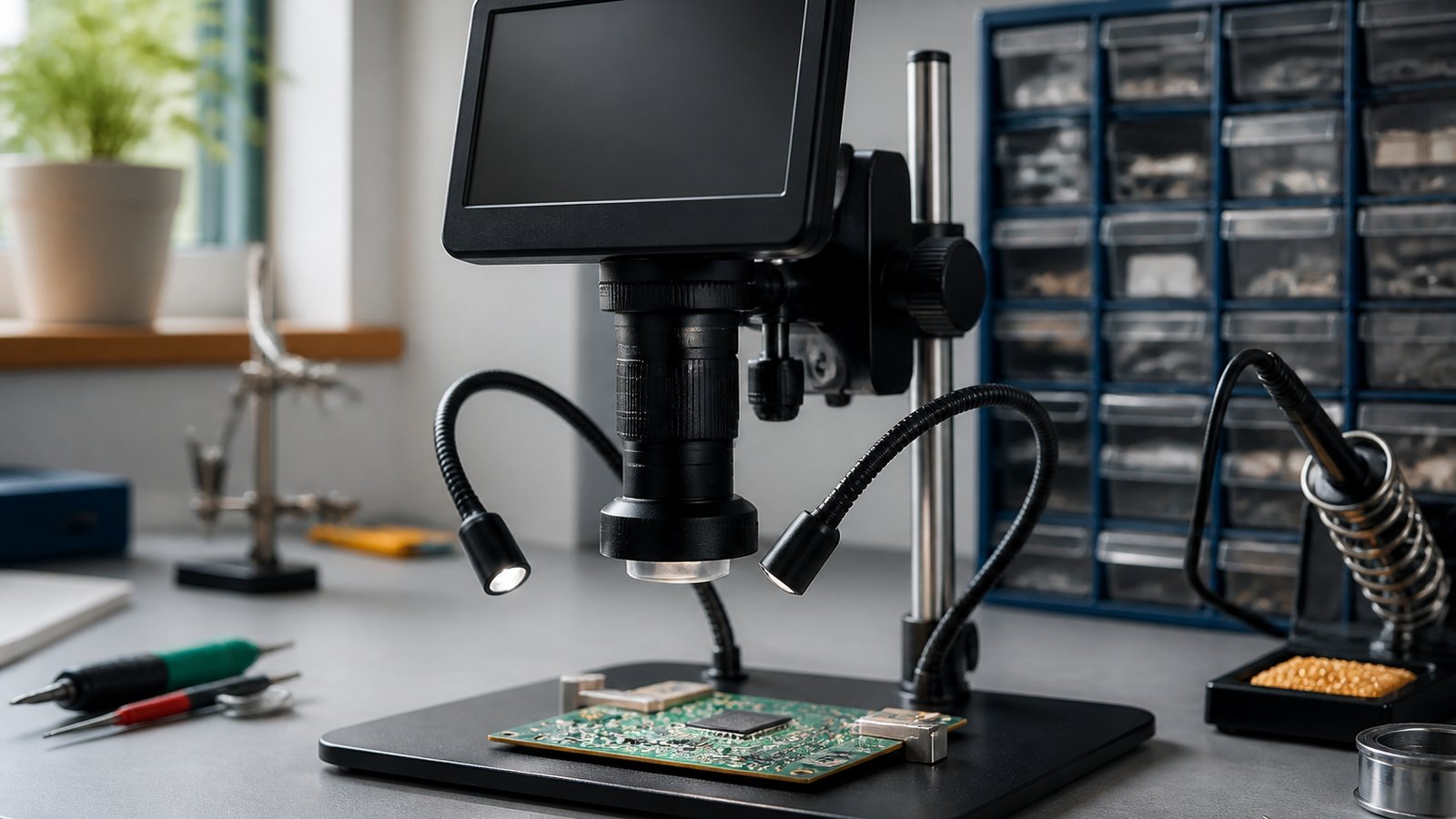 Seven-inch HDMI soldering microscope on a UK workbench