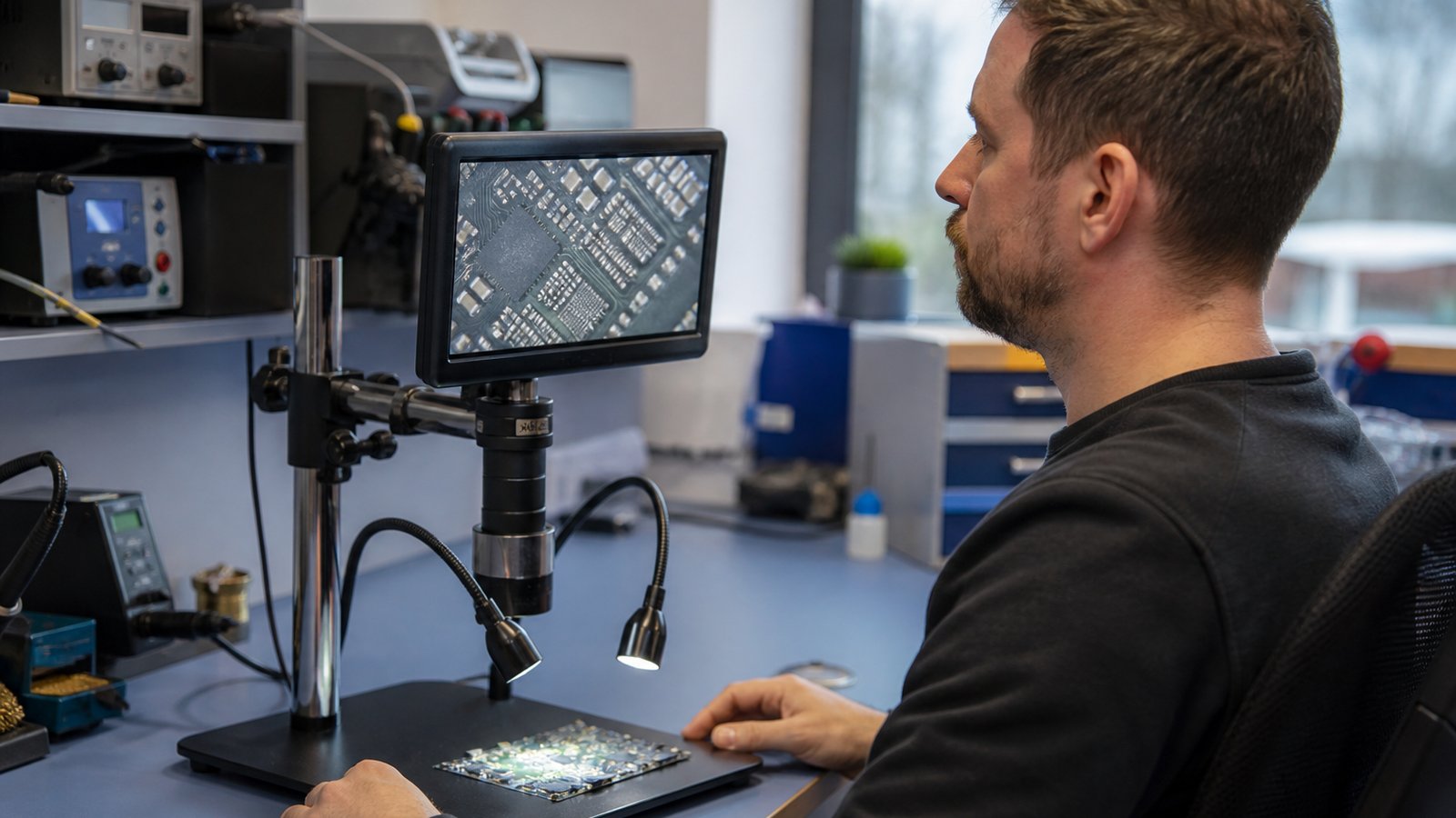Technician viewing a bench soldering microscope screen upright