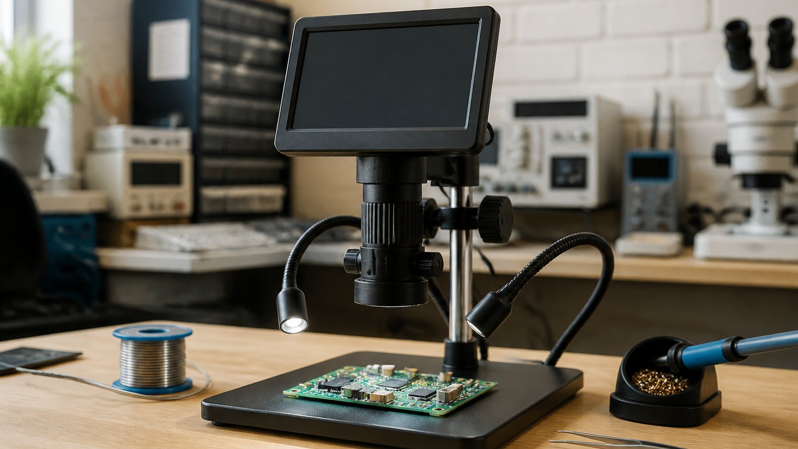 Seven-inch HDMI soldering microscope on a UK workbench