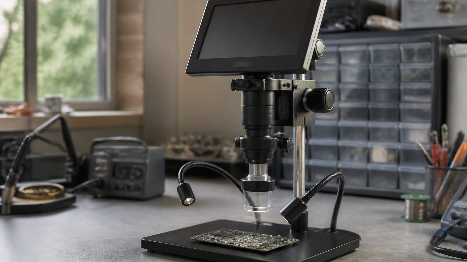 Matched pair of soldering microscopes on two benches