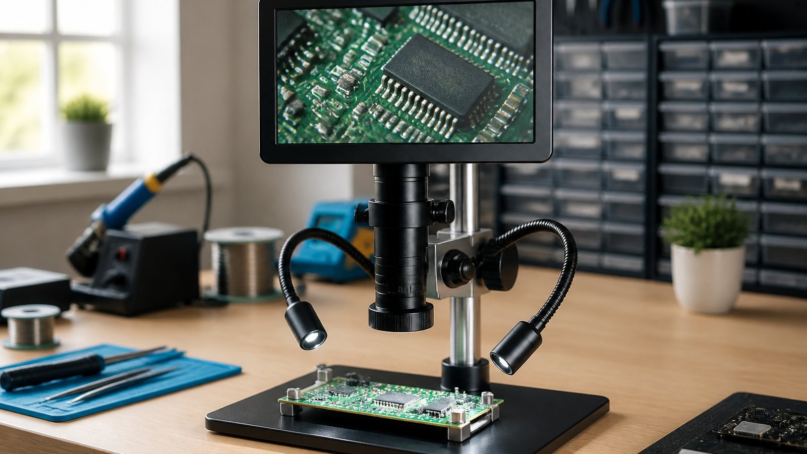 Seven-inch HDMI soldering microscope on a UK workbench