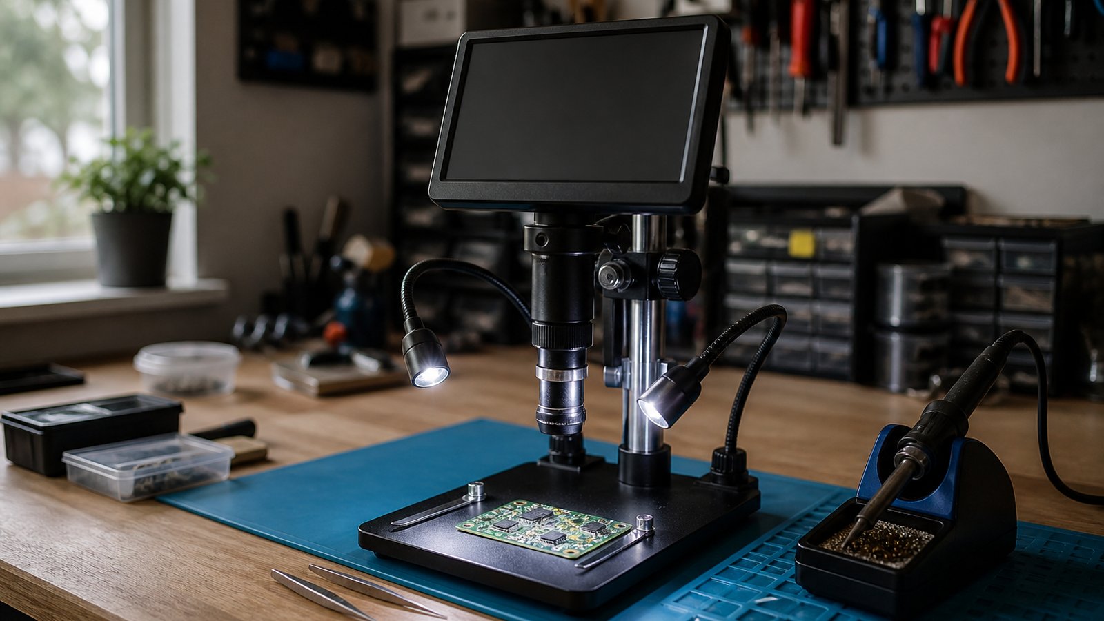 First setup of a digital soldering microscope on a bench