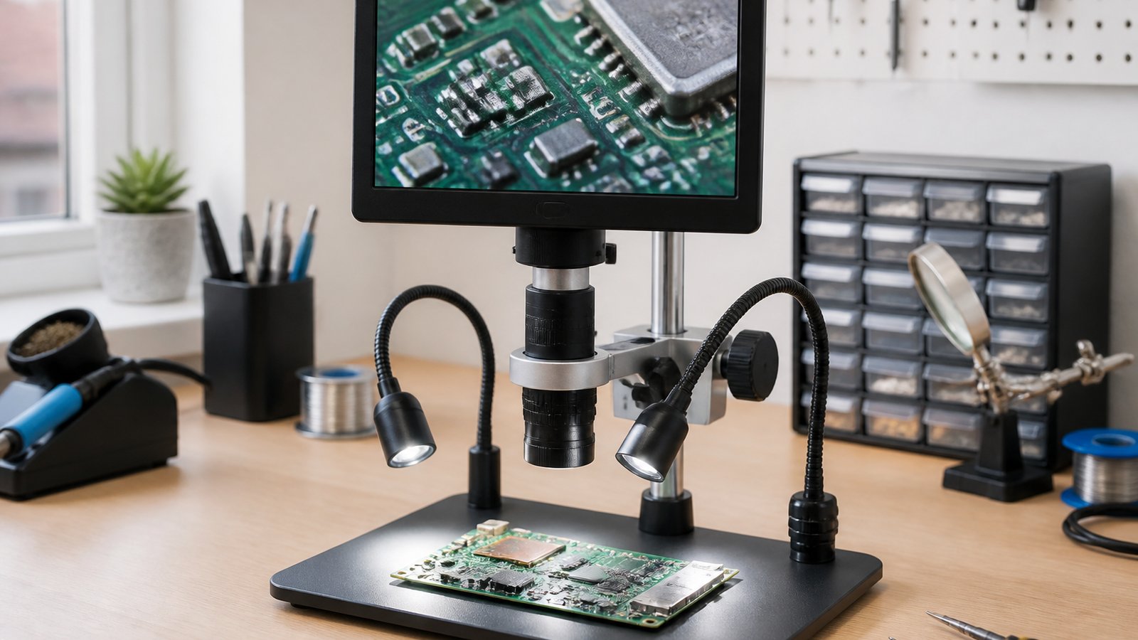 Matched pair of soldering microscopes on two benches