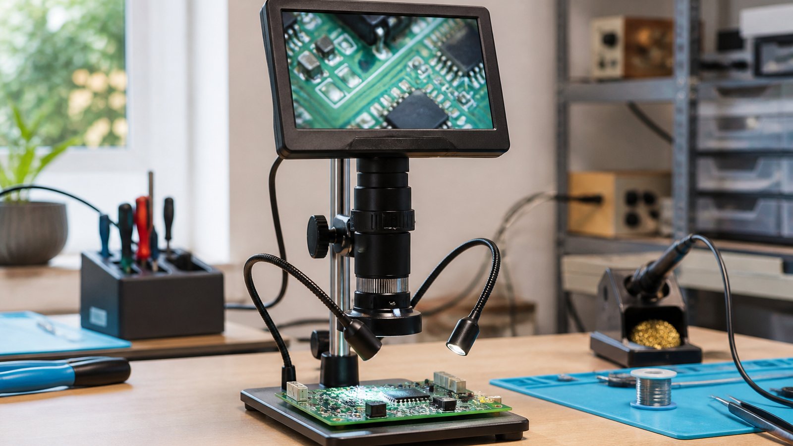 Seven-inch HDMI soldering microscope on a UK workbench
