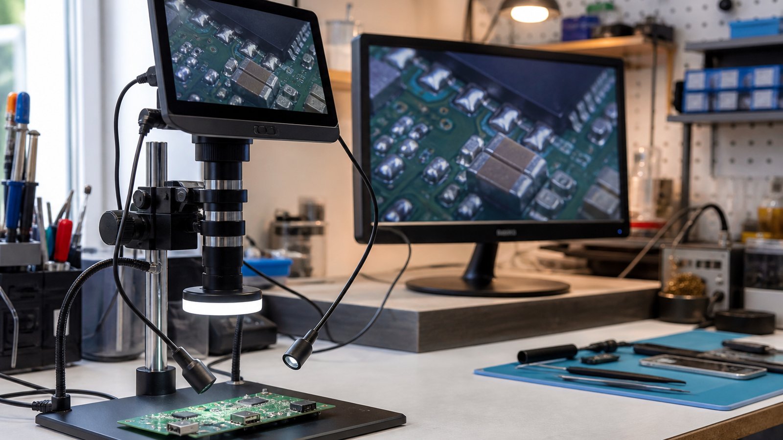 Bench microscope linked to a secondary repair monitor