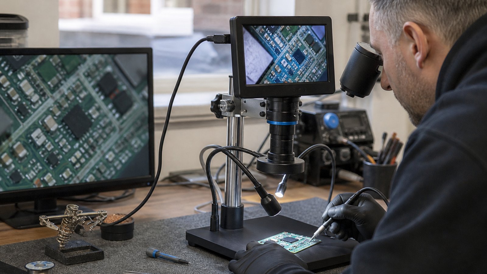 Bench microscope linked to a secondary repair monitor