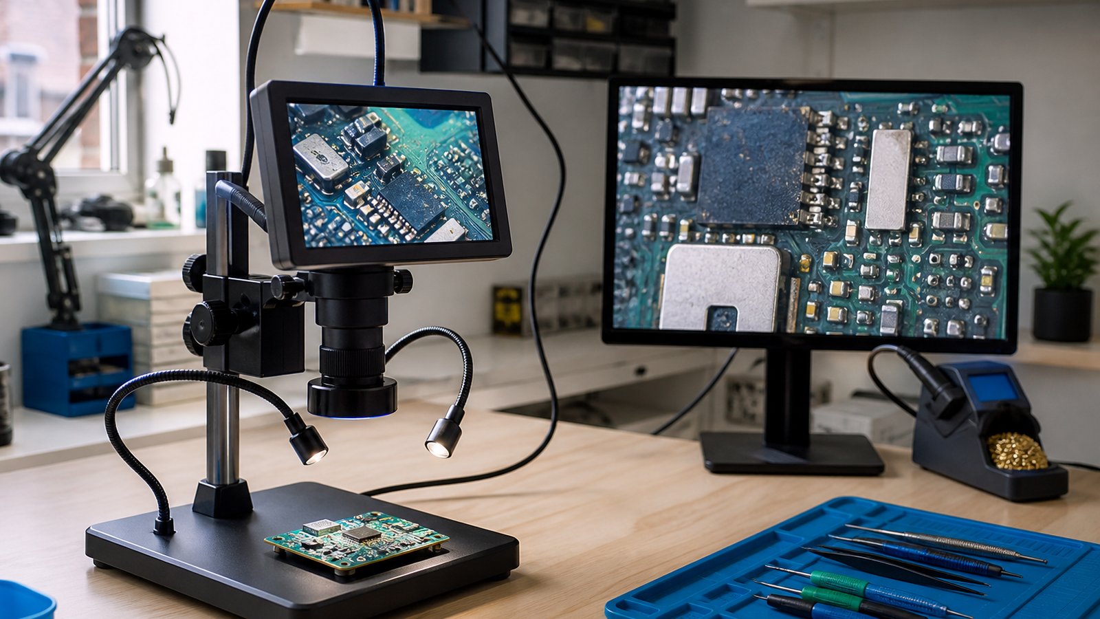 Matched pair of soldering microscopes on two benches