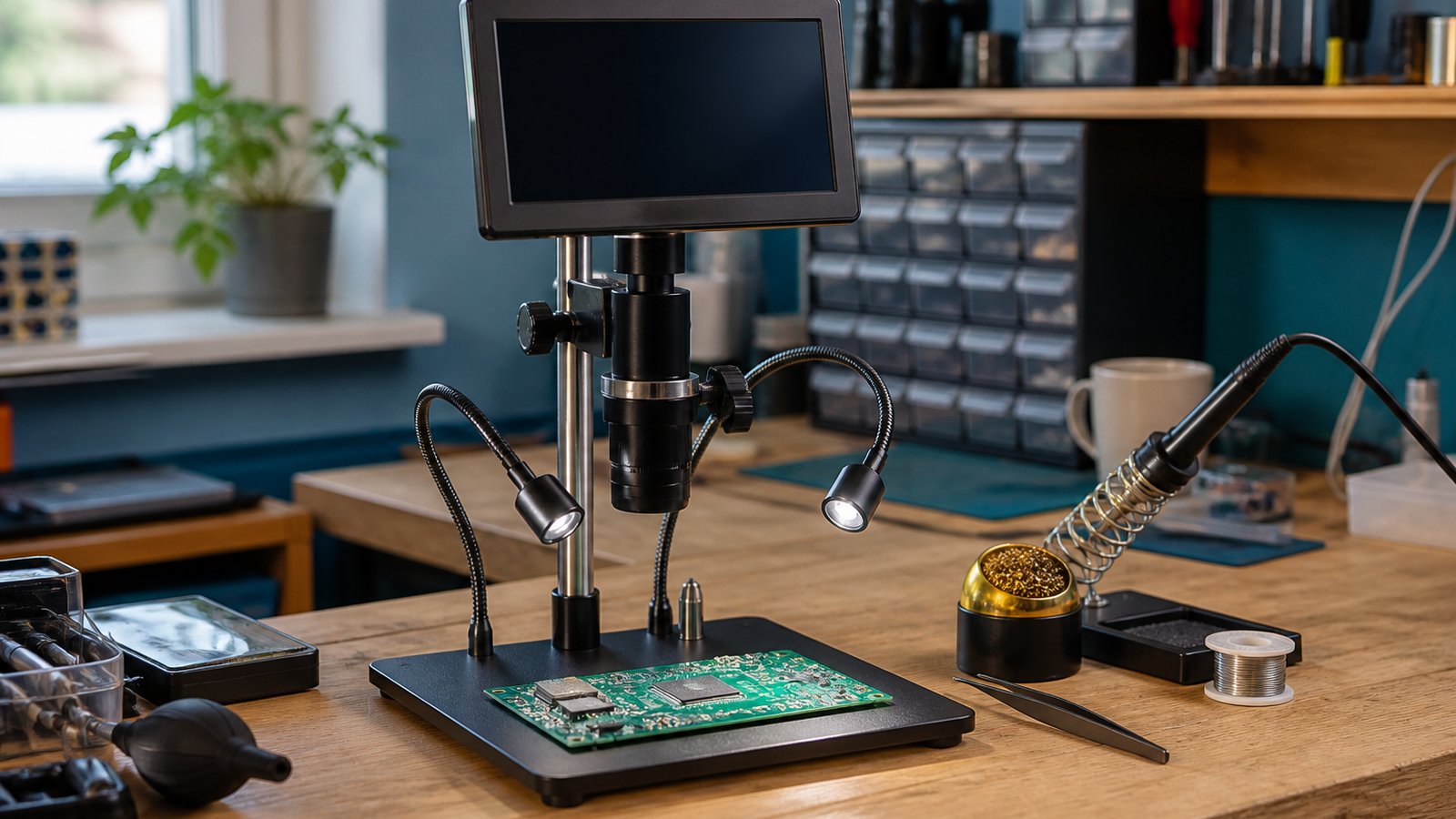 First setup of a digital soldering microscope on a bench