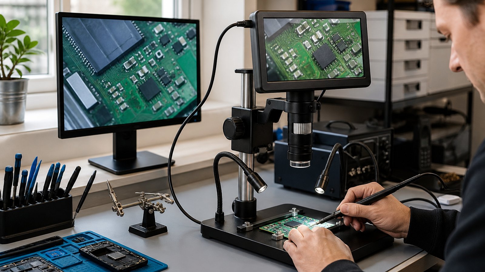 HDMI digital soldering microscope on a British repair bench