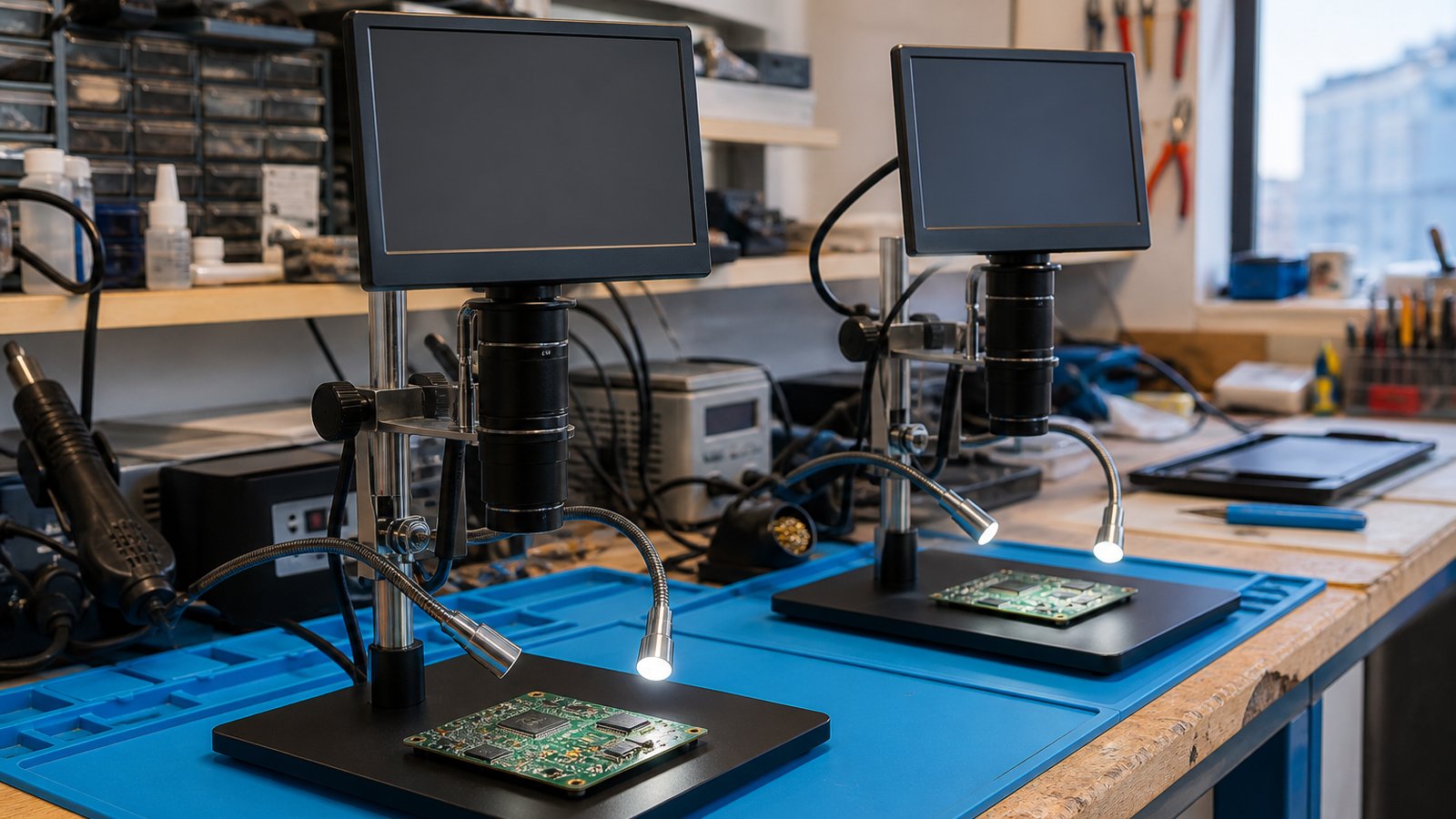 Matched pair of soldering microscopes on two benches
