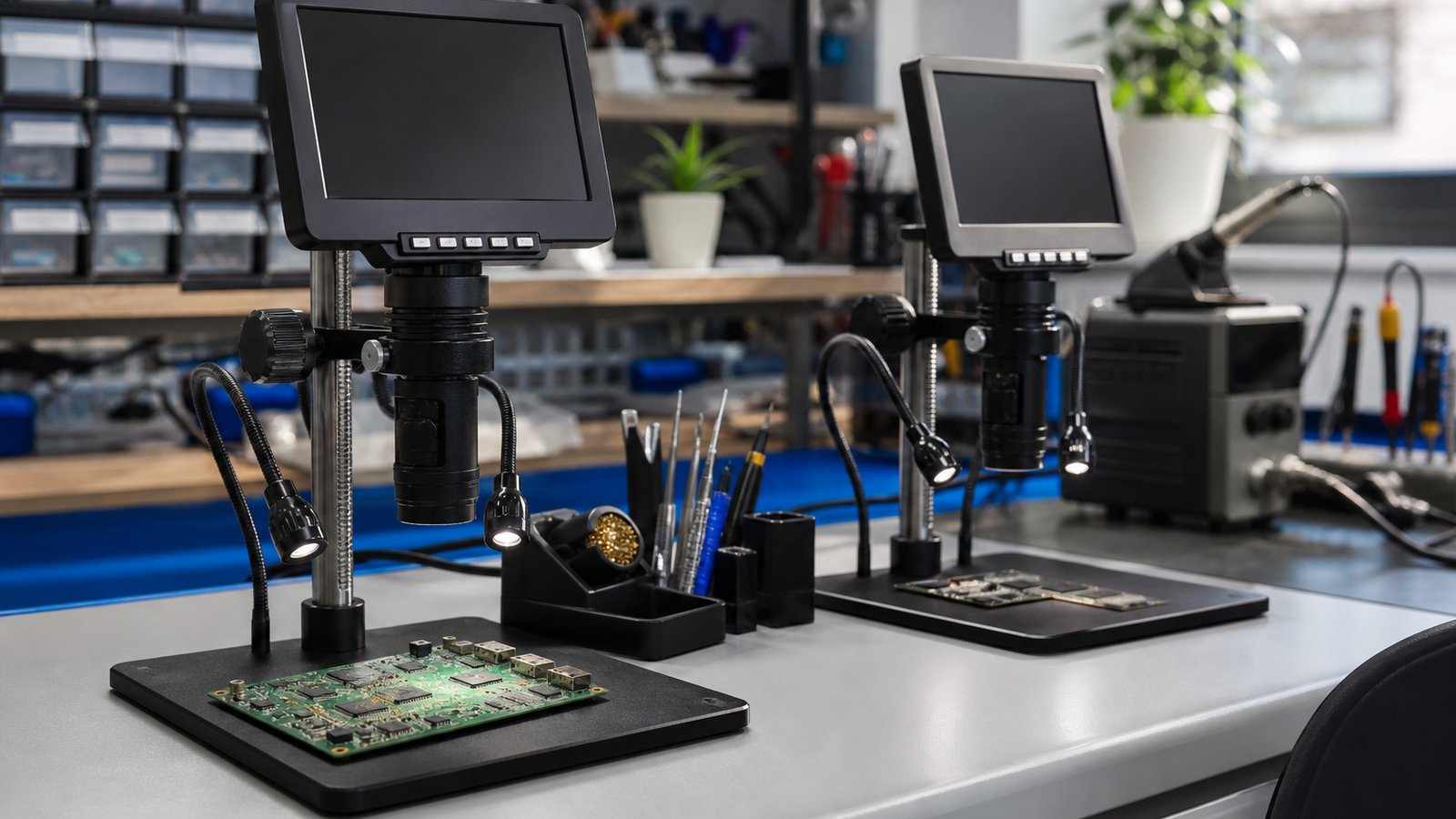 Matched pair of soldering microscopes on two benches